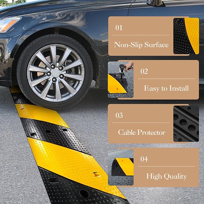 6FT Rubber Speed Bumps, 2-Pack 25000 Lb Capacity Heavy Duty Speed Bumps for Road with 8 Bolt, 2 Channel Modular Traffic Driveway Hump for Parking Lot, School, Warehouse