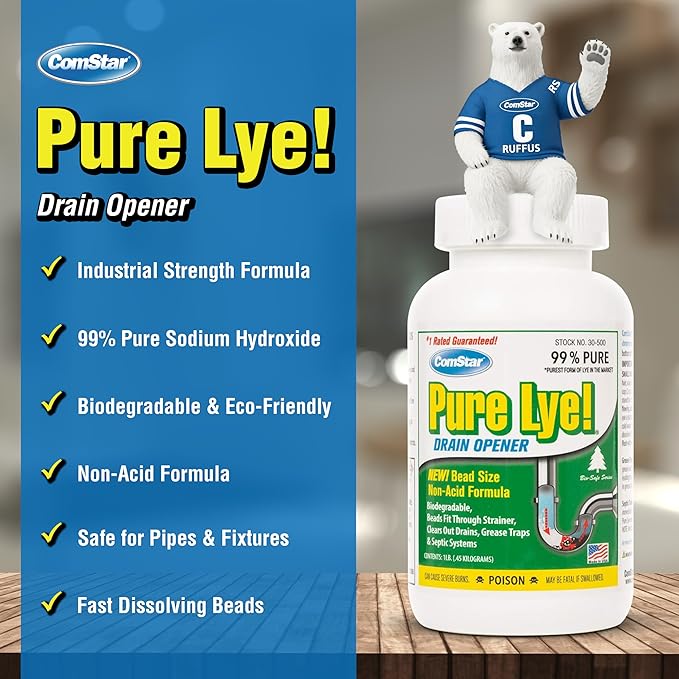 ComStar Pure Lye 2 lb - Unique Sodium Hydroxide Beads | Drain Opener & Soap Making | Biodegradable, Eco-Friendly (30-504)