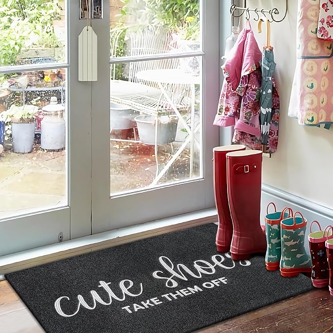 Indoor Door Mat Outdoor Welcome Large 24"x36" Black Mat for Outside Home Entry Cute Shoes Take Them Off Outdoor Entryway Rug Entrance Rug to Bedroom,Shoe Scraper,Non Slip,Easy to Clean