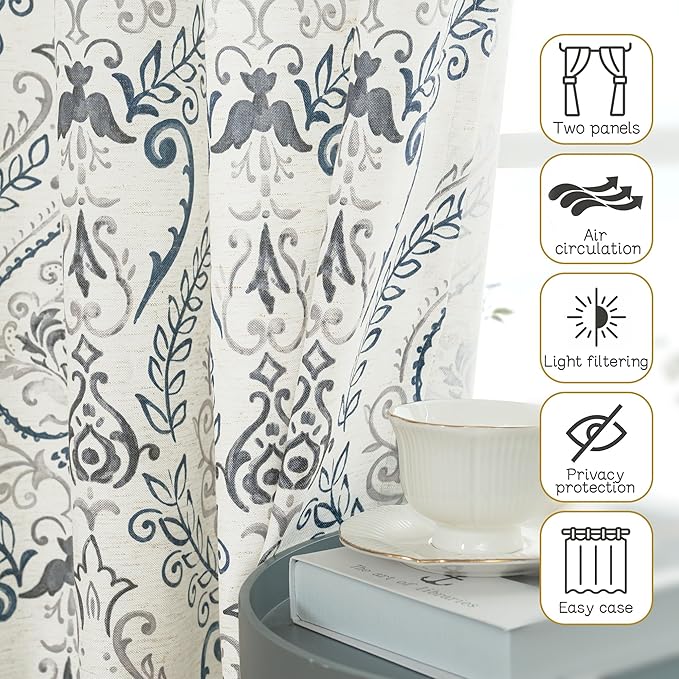 LAMIT Linen Curtains 40 inch Length for Small Windows, Light Filtering Semi Sheer Linen Curtains Grommet Vintage Damask Flower Pattern Drapes for Kitchen/Cafe, 2 Panels, 34 x 40 Inch, Greyish Blue