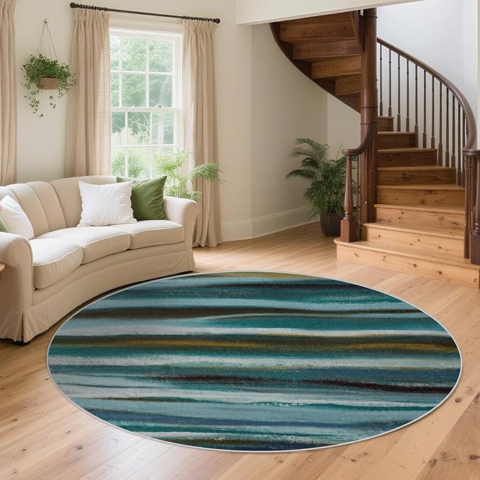 Round 6ft Abstract Rug, Modern Washable Indoor Circle Area Rugs for Living Room, Soft Large Circular Non-Slip Carpet Floor Mat for Bedroom Dining Room Home Office - Stripe Teal