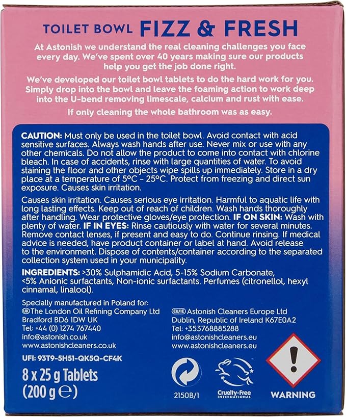 4 Pack Of Astonish Toilet Bowl Fizz & fresh Deep Cleaning Foam Action (Pink Peony Fresh) 32 Tablets In Total