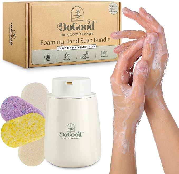 DoGood Foaming Hand Soap Starter Kit – Refillable 350 mL Ceramic Dispenser & 4 Scented Tablets – Eco-Friendly Zero-Waste Foam Soap (Lavender, Lemon, Eucalyptus, Sandalwood)