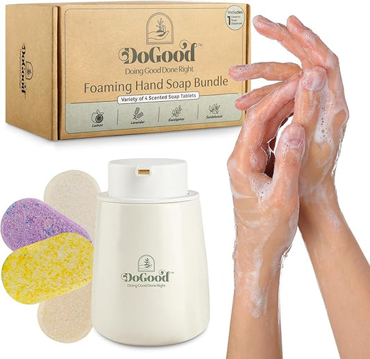 DoGood Foaming Hand Soap Starter Kit – Refillable 350 mL Ceramic Dispenser & 4 Scented Tablets – Eco-Friendly Zero-Waste Foam Soap (Lavender, Lemon, Eucalyptus, Sandalwood)