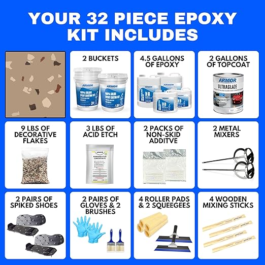 ArmorPoxy Garage Epoxy Floor Kit – 100% Solids - 2 Part Industrial-Grade Coating w/UltraGlaze Topcoat | DIY Slip & Hot Tire Resistant | 900 Sq Ft - Khaki Tan - 32 pc kit