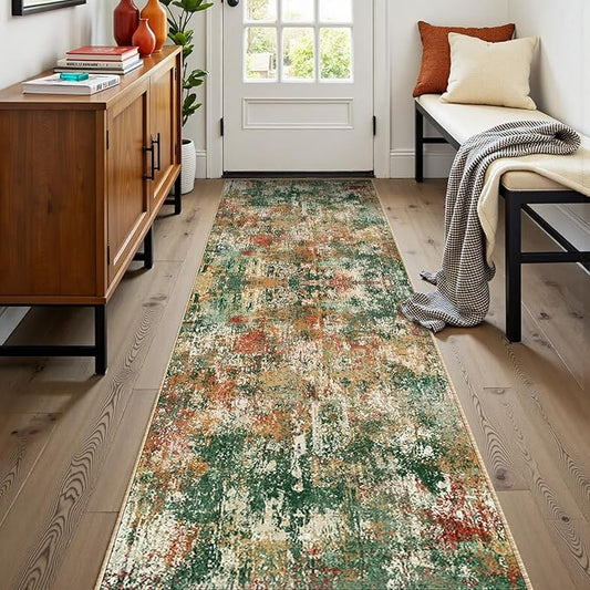 RELEANY Washable Area Rugs 2'x8' Non-Slip Modern Abstract Soft for Living Room Entryway Bedroom Nursery, Print Pattern, Green Orange Rust Red Cream Colorful