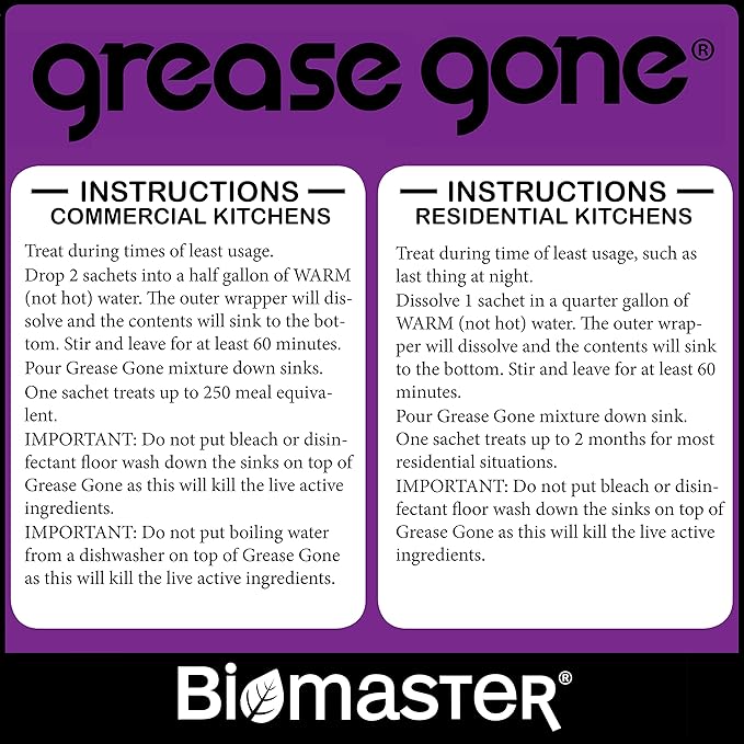 Biomaster Grease Gone Grease Trap Cleaner Treatment, Turns Fat, Oil and Grease to Water, Reduces Odors and Pump-Outs (2 Sachets)
