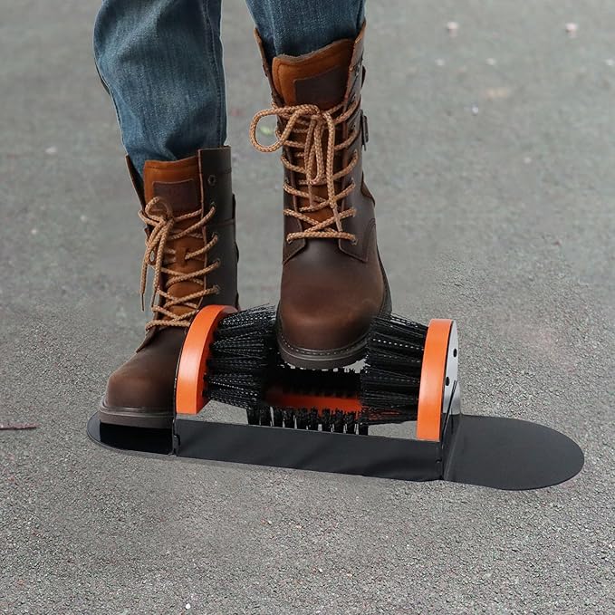 Zeluga 26-387 Portable Hardwood Construction and Metal Frame Boot Scraper and Scrubber, Indoor & Outdoor Shoe Cleaner Brush, Black/Orange