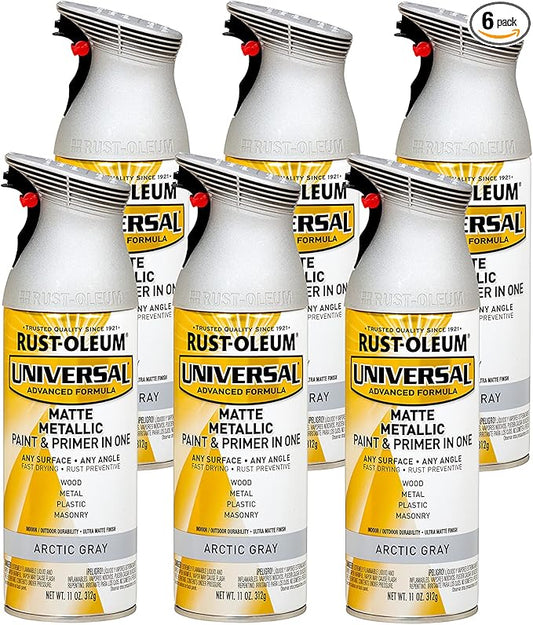 Rust-Oleum 365358-6PK Universal All Surface Metallic Spray Paint, 11 oz, Matte Arctic Gray, 6 Pack