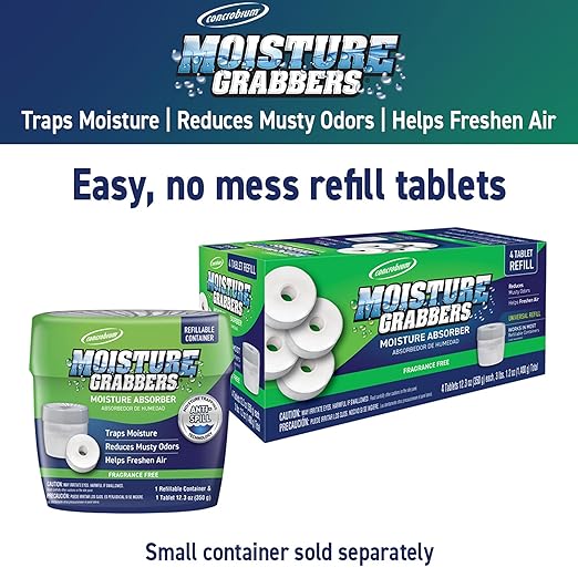 Concrobium Moisture Grabbers Refill Tablets, 4 Pack, Moisture Absorber Refills for Compatible Refillable Containers Only, Helps Reduce Dampness and Musty Odors, Fragrance Free