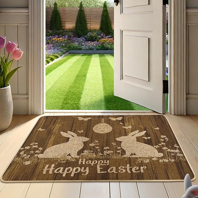 Easter Bunny Brown Rabbit Funny Doormat, Humorous Welcome Mat, Durable Front Door Rug, Entryway Decor 18x30Inch