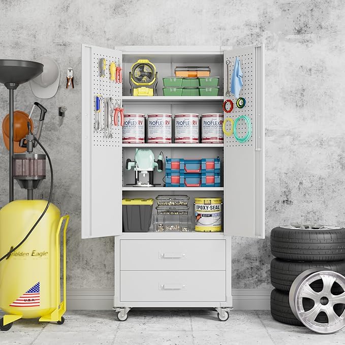 Reemoon Garage Storage Cabinet with 2 Drawers and Pegboard, Metal Storage Cabinet with 2 Lockable Doors for Garage Home Warehouse,Required Assembly,White,71.2" H*15.2" D*30" W
