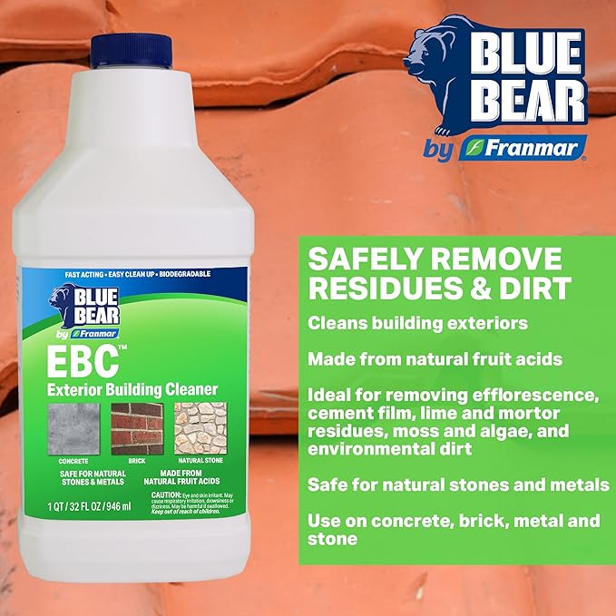 Blue Bear EBC Exterior Building Cleaner - Natural Fruit Acid Concentrate for Brick, Stone, Concrete & Metal-Removes Efflorescence, Lime Residue, Moss, Algae & Dirt - Low VOC, Biodegradable (1 Quart)