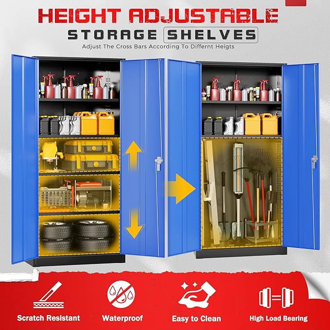 Bonusall 72" Metal Garage Storage Cabinet， Heavy-Duty Steel Cabinet with 2 Locking Doors & 4 Adjustable Shelves for Home, Office