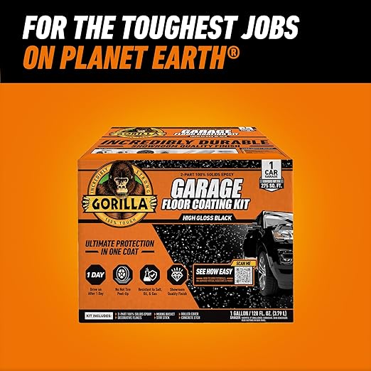 Gorilla Epoxy Garage Floor Coating (7 pc) Kit, 1-Car, Concrete Flooring, 100% Solids, Superior Adhesion, Incredibly Durable High Gloss Black Finish, 275 sq. ft. Coverage