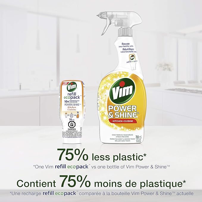 Vim Refill EcoPack Power & Shine Kitchen 10x Concentrated to Reuse Your Spray Bottle for Tough Grease and Streak Free Shine 70 mL