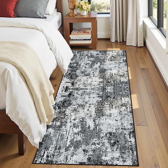 RELEANY Washable Area Rugs 2'x6' Non-Slip Modern Abstract Soft for Living Room Entryway Bedroom Nursery, Print Pattern, Black Navy Blue Gray