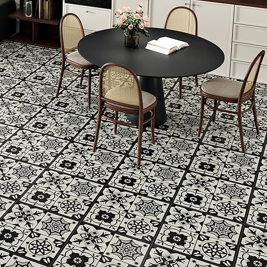 Wallercity Black Boho Peel and Stick Floor Tiles Waterproof 6PCS Vintage Floral Vinyl Flooring Tiles for Bedroom Vinyl Self Adhesive Non-Slip Stick on Tile for Bathroom Kitchen Shower Tile 12x12 Inch