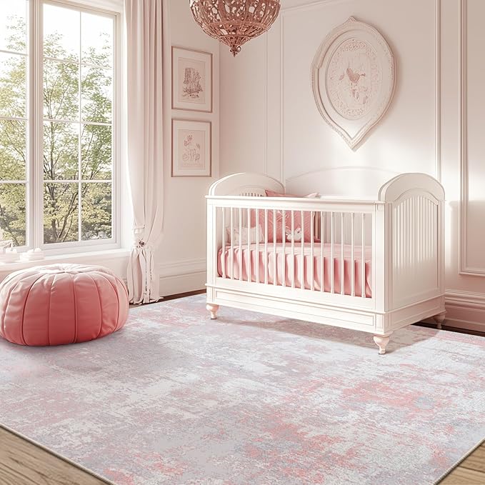 RELEANY Washable Area Rugs Square 7ft Non-Slip Modern Abstract Soft for Living Room Entryway Bedroom Nursery, Print Pattern, Grey Pink