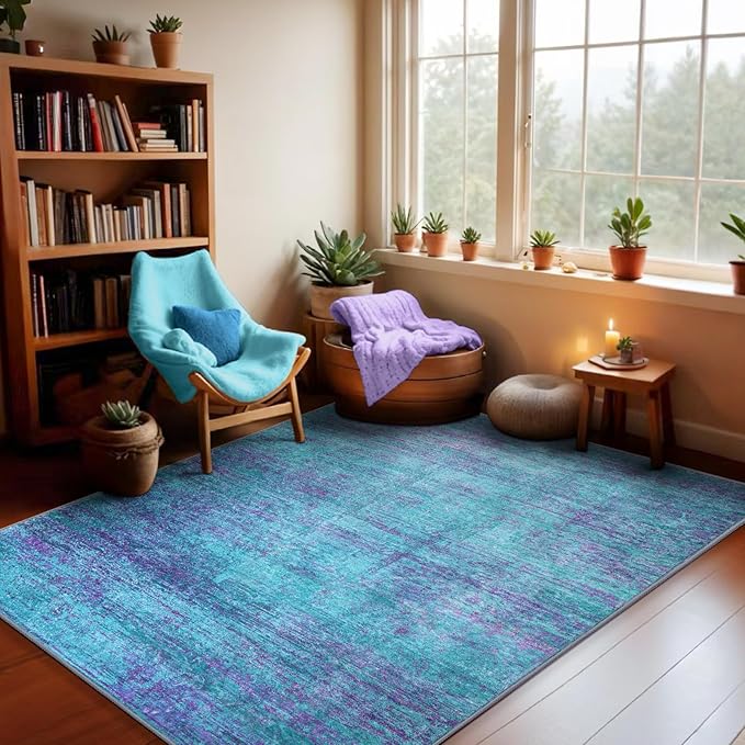 Abstract 3x5 Area Rug, Modern Indoor Entryway Rugs, Washable Soft Non-Slip Accent Carpet Door Mat for Dining Room Kitchen Bedroom - Teal+Purple
