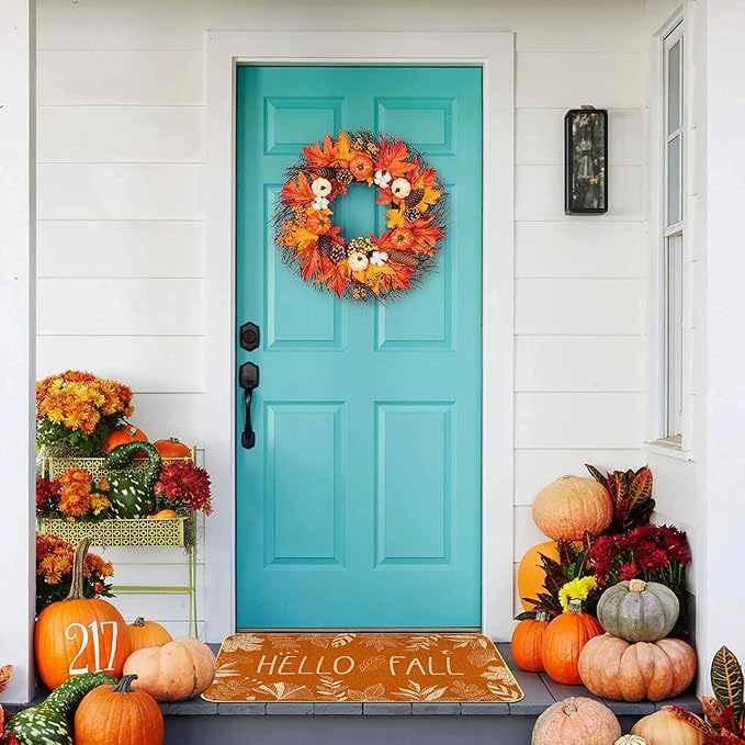 KORVITA Hello Fall Welcome Door Mat Thanksgiving Day Floor Mat Autumn Indoor Outdoor Entrance Mat Bathroom Non-Slip Greeting Party Decorations 17 X 29 Inches