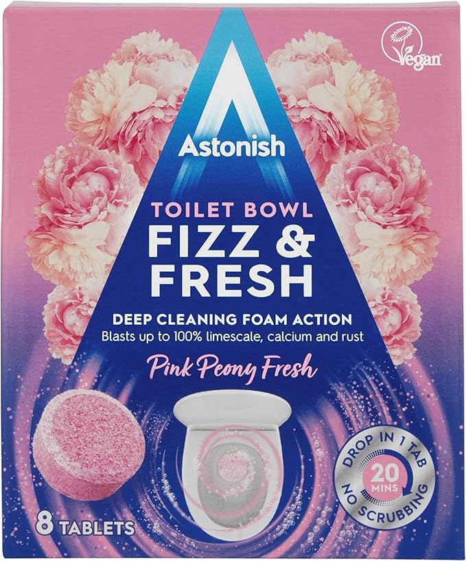 4 Pack Of Astonish Toilet Bowl Fizz & fresh Deep Cleaning Foam Action (Pink Peony Fresh) 32 Tablets In Total