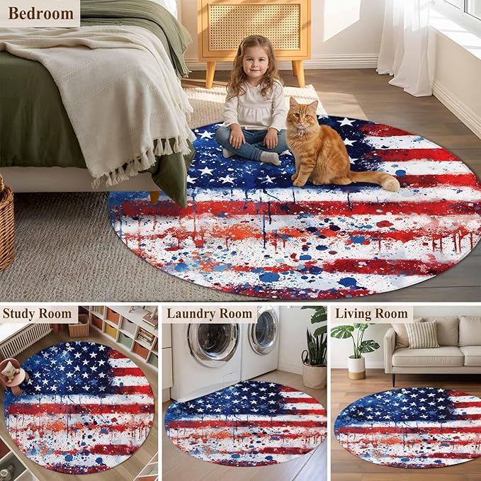Mottled Red Blue White Stars Painted Flag Large Round Rug 7Ft, Circle Area Rugs Washable Non Slip Indoor Floor Mats Carpet for Living Room Bedroom Dining Room Home Decor