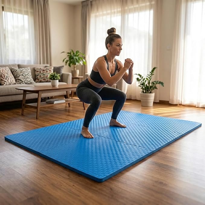 BalanceFrom Puzzle Exercise Mat 1' Thick, EVA Interlocking Foam Floor Tiles for Home Gym, Mat for Home Workout Equipment, Floor Padding for Kids, Blue, 24 in x 24 in x 1 in, 24 Sq Ft - 6 Tiles