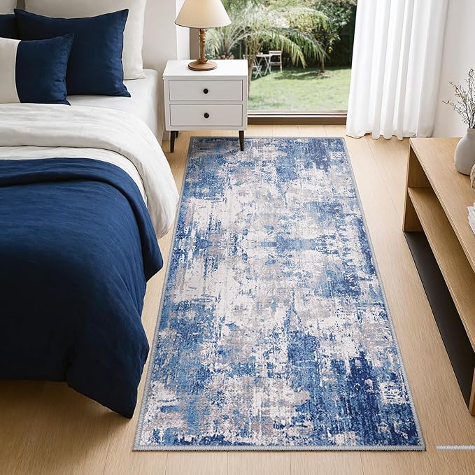 RELEANY Washable Area Rugs 2'x10' Non-Slip Modern Abstract Soft for Living Room Entryway Bedroom Nursery, Print Pattern, Blue Grey Navy Gray