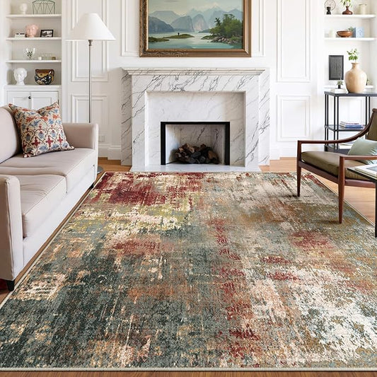 RELEANY Washable Area Rugs 7x10 Non-Slip Modern Abstract Soft for Living Room Entryway Bedroom Nursery, Print Pattern, Brown Rust Red Green Blue Multi