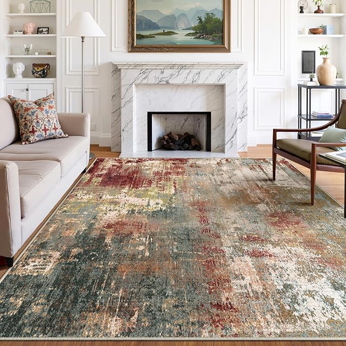 RELEANY Washable Area Rugs 5'x8' Non-Slip Modern Abstract Soft for Living Room Entryway Bedroom Nursery, Print Pattern, Brown Rust Red Green Blue Multi
