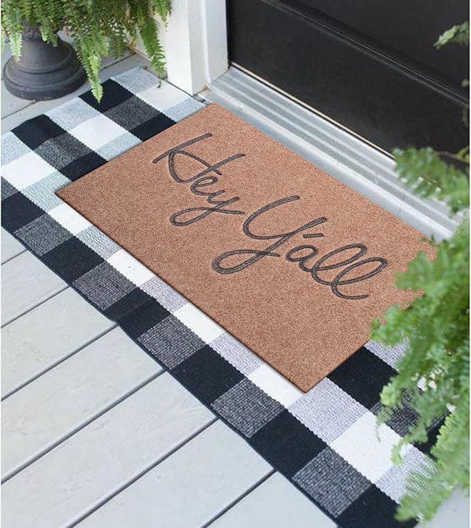 Indoor Door Mat Welcome Mats for Front Door Outdoor Brown Heavy Duty Backing Doormat Hey Y'all Mat for Home Decor Farmhouse Balcony Patio 28" x 18"