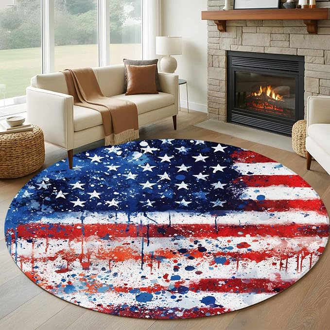 Mottled Red Blue White Stars Painted Flag Large Round Rug 7Ft, Circle Area Rugs Washable Non Slip Indoor Floor Mats Carpet for Living Room Bedroom Dining Room Home Decor