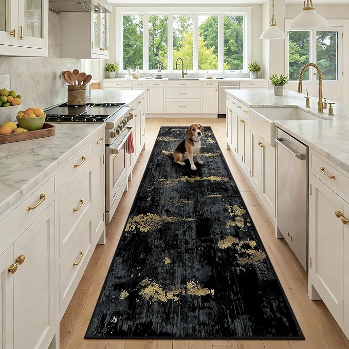 RELEANY Washable Area Rugs 2'6''x10 Non-Slip Modern Abstract Soft for Living Room Entryway Bedroom Nursery, Print Pattern, Dark Black Gold