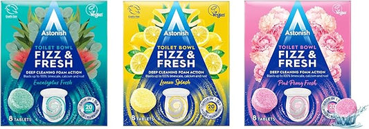 Astonish Fizz & Fresh Foaming Toilet Bowl Cleaner Tablets Bundle – Deep Cleaning Eucalyptus, Lemon Splash & Pink Peony Scents – Limescale, Calcium & Rust Remover for Hard-to-Reach Stains, 24 Tablets T