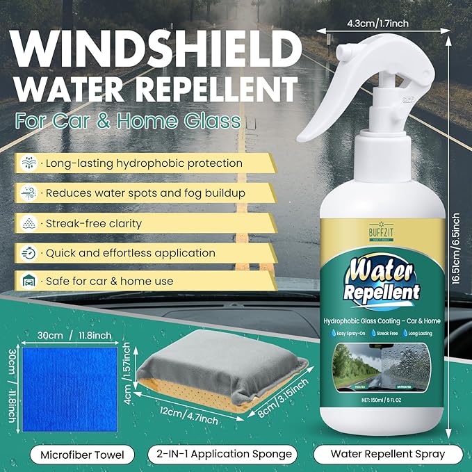 Glass Water Repellent Spray - Hydrophobic Rain Repellent for Car Windshield, Shower Doors, Windows & Mirrors - Long-Lasting Waterproof Treatment, Streak-Free Vision, Prevents Water Spots, 5 oz / 150ml