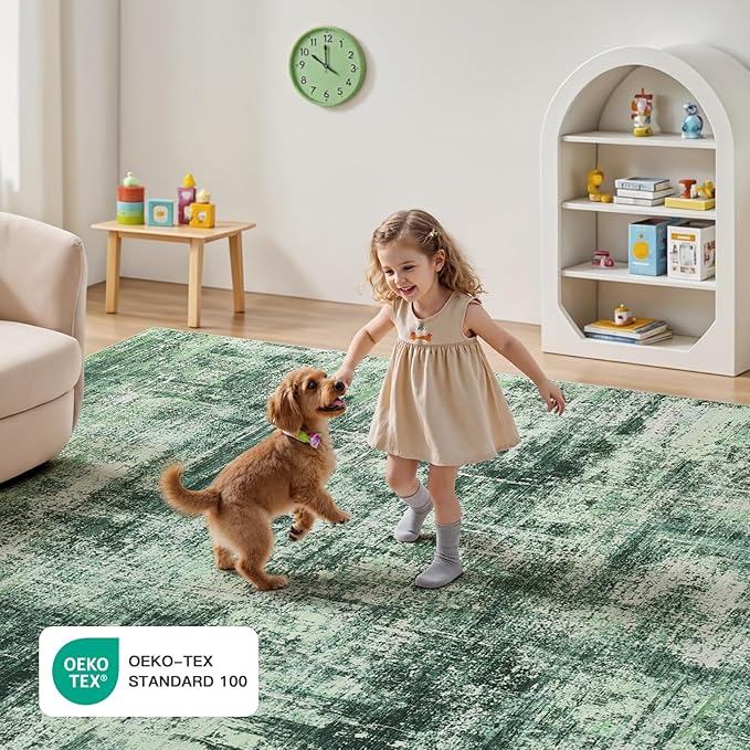 Lofus 9x12 Area Rug for Living Room, Green Abstract Rugs with Non-Slip Backing, Neutral Modern Washable Carpet for Bedroom Dining Room Home Office Nursery Indoor