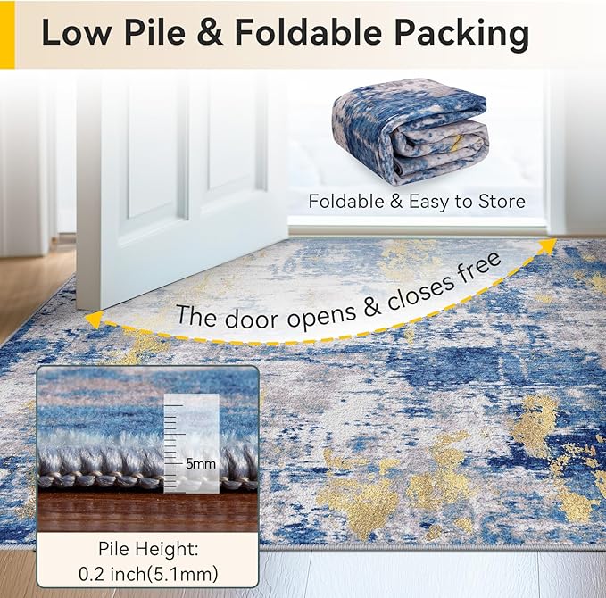 RELEANY Washable Area Rugs 2'6'' x14 Non-Slip Modern Abstract Soft for Living Room Entryway Bedroom Nursery, Print Pattern, Grey Blue Gold/Golden