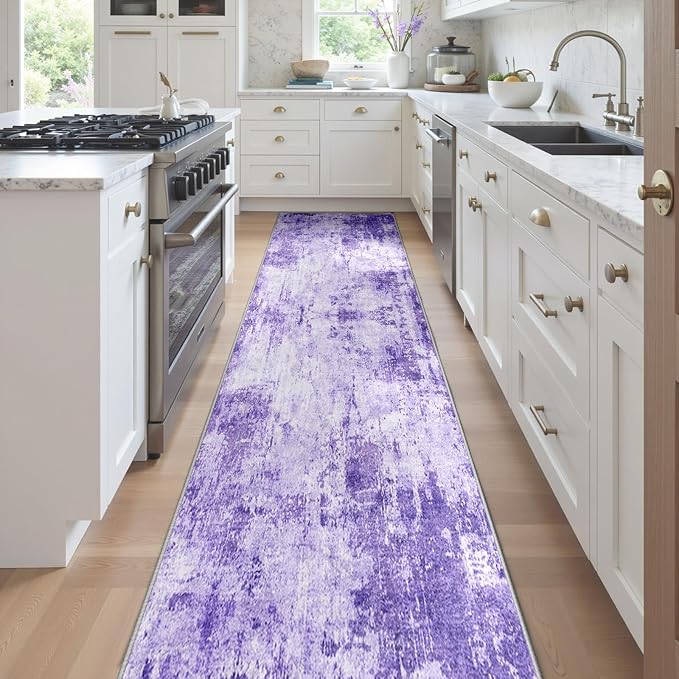 RELEANY Washable Area Rugs 2'x10' Non-Slip Modern Abstract Soft for Living Room Entryway Bedroom Nursery, Print Pattern, Purple Gray Pink White
