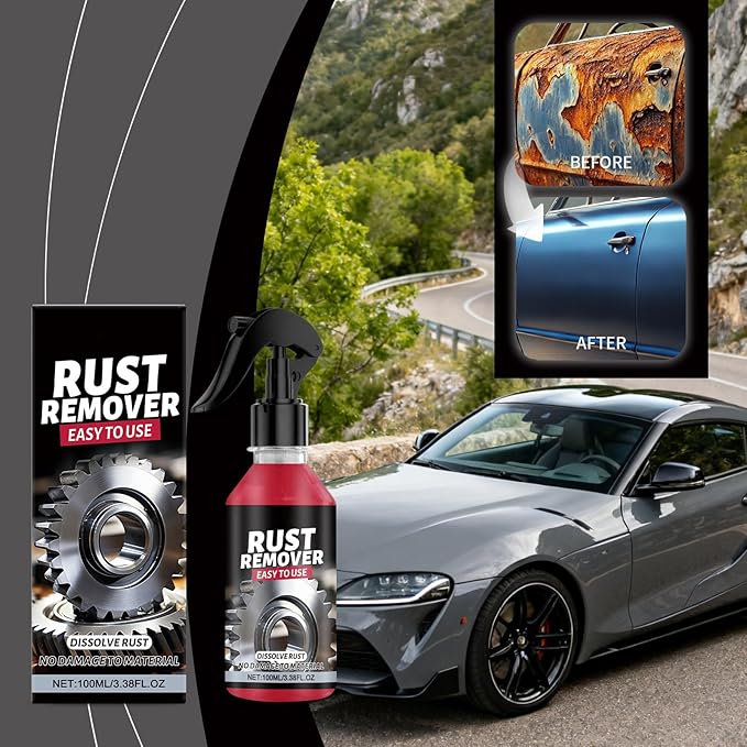 Rust Remover Spray for Metal, Heavy Duty Metal Cleaner, Multipurpose Rust Stain Remover for Vehicles, Tools, Chains, Fast-Acting Oxidation Remover, 3.38oz