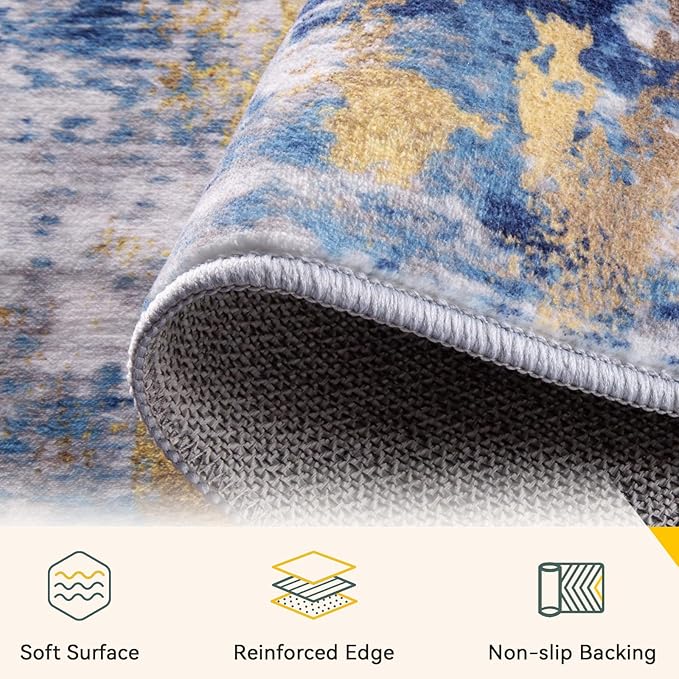 RELEANY Washable Area Rugs 3x9 Non-Slip Modern Abstract Soft for Living Room Entryway Bedroom Nursery, Print Pattern, Grey Blue Gold/Golden