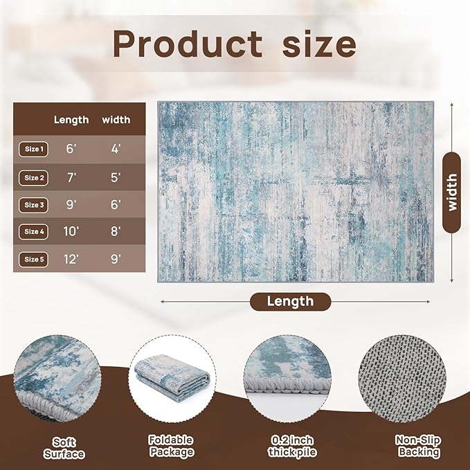 Abstract 5x8 Area Rug Washable Soft Large Non-Slip Carpet for Living Room Dining Room Home Office Bedroom - Abstract Teal/Grey