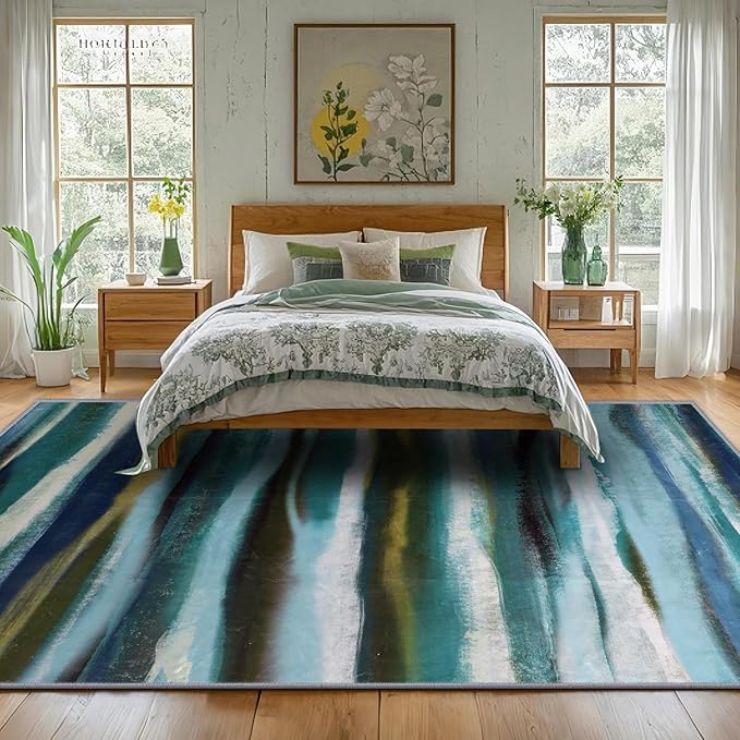 Abstract 4x6 Area Rug, Modern Stripe Teal Rugs for Entryway, Washable Soft Door Mat Non-Slip Floor Carpet for Dining Room Kitchen Bedroom - Teal/Multi