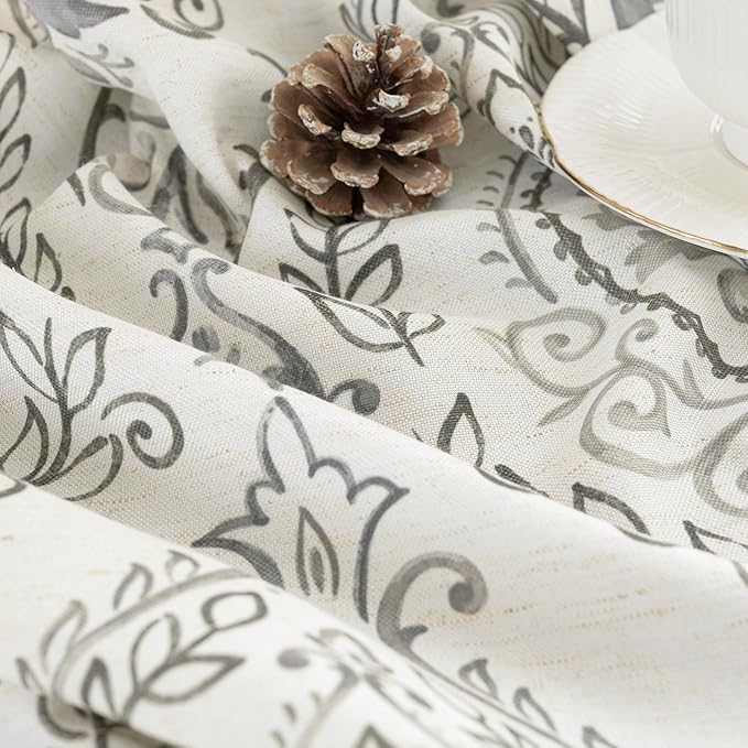 LAMIT 48 inch Length Linen Curtains for Small Windows, Light Filtering Semi Sheer Linen Curtains Grommet Vintage Damask Flower Pattern Drapes for Kitchen/Cafe, 2 Panels, 34 x 48 Inch, Grey