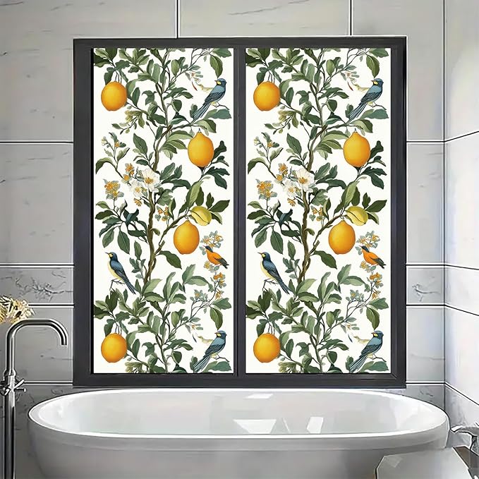 Lemon Bird Botanical Privacy Film Static Cling Decorative Glass Cover No Glue Light Filtering Window Panel for Kitchen Balcony Sunroom Door 17.7x39.3 inch