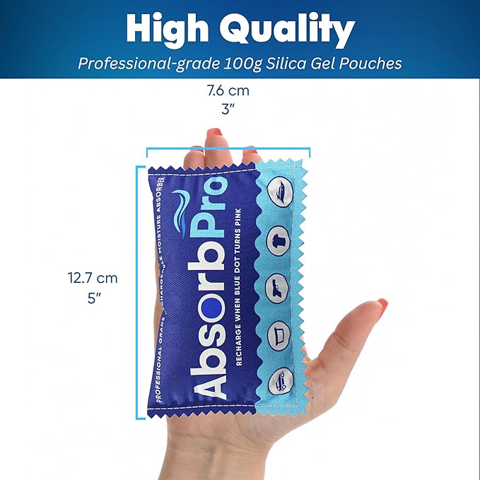 Absorb Pro Rechargeable Dehumidifier Bag 10-Pack - 100g Reusable Moisture Absorbers - Silica Gel Packets for Bins, Totes, Gun Safe, Food Storage, Clothes, Cars, and Boats