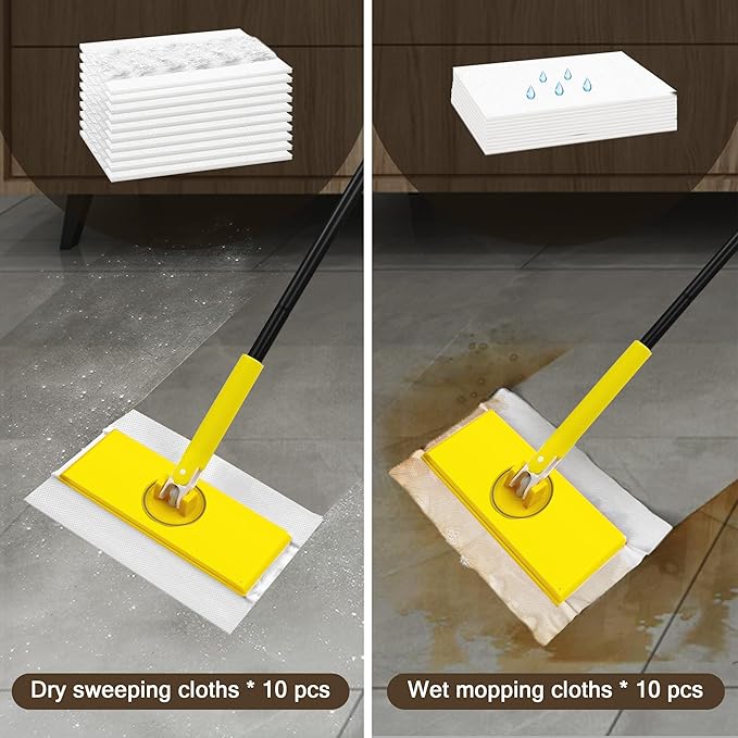 NEWE Sweeper Mop, 2-in-1 Starter Kit for Swiffer 10 Dry Sweeping Cloths and 10 Wet Mopping Pads, Disposable Duster for Cleaning Wood Hardwood Floors Wall Kitchen Bathroom College Dorm