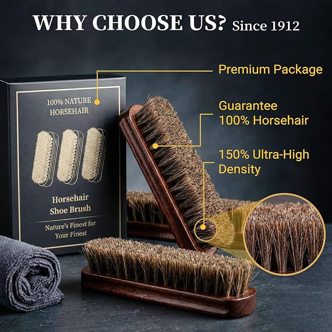 3pcs 7in 100% Horse Hair Shoe Brush for Leather Horsehair Brushes Boots Cleaning Polishing Buffing Shine Professional Cobbler Furniture Sneakers Care Set Suede Jackets Bags Seats Dusting Brushing Tool
