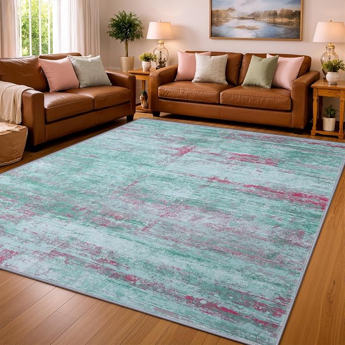 6x9 Abstract Area Rugs for Living Room, Modern Washable Indoor Rug for Bedroom, Thin Soft Large Non-Slip Carpet for Dining Room Home Office Farmhouse Decor - Abstract Green Red