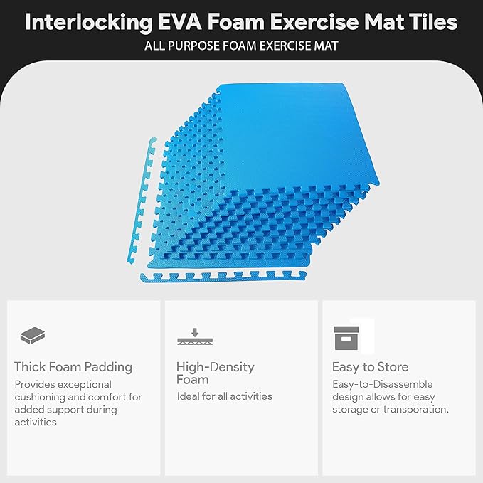 BalanceFrom Puzzle Exercise Mat 1' Thick, EVA Interlocking Foam Floor Tiles for Home Gym, Mat for Home Workout Equipment, Floor Padding for Kids, Blue, 24 in x 24 in x 1 in, 72 Sq Ft - 18 Tiles